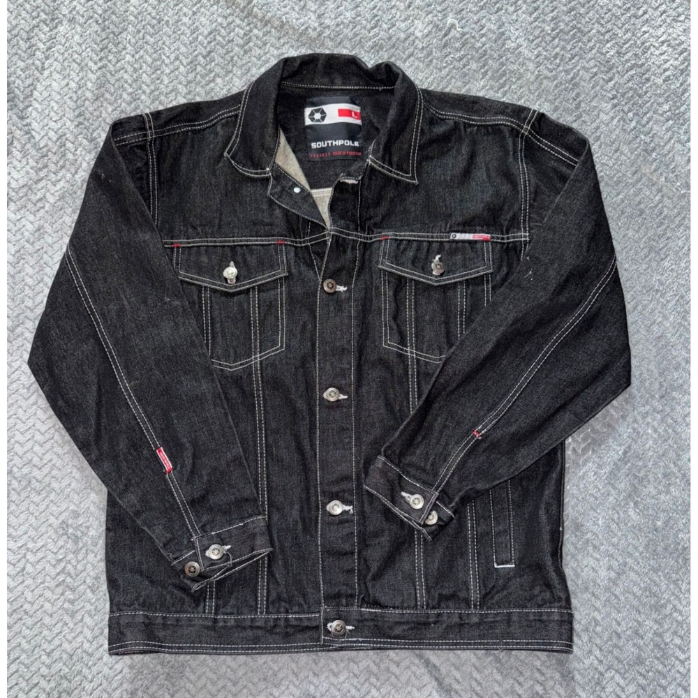 Southpole‎ Denim Jacket Black Wash Contrast Stitching Retro Style Y2K Sz Large